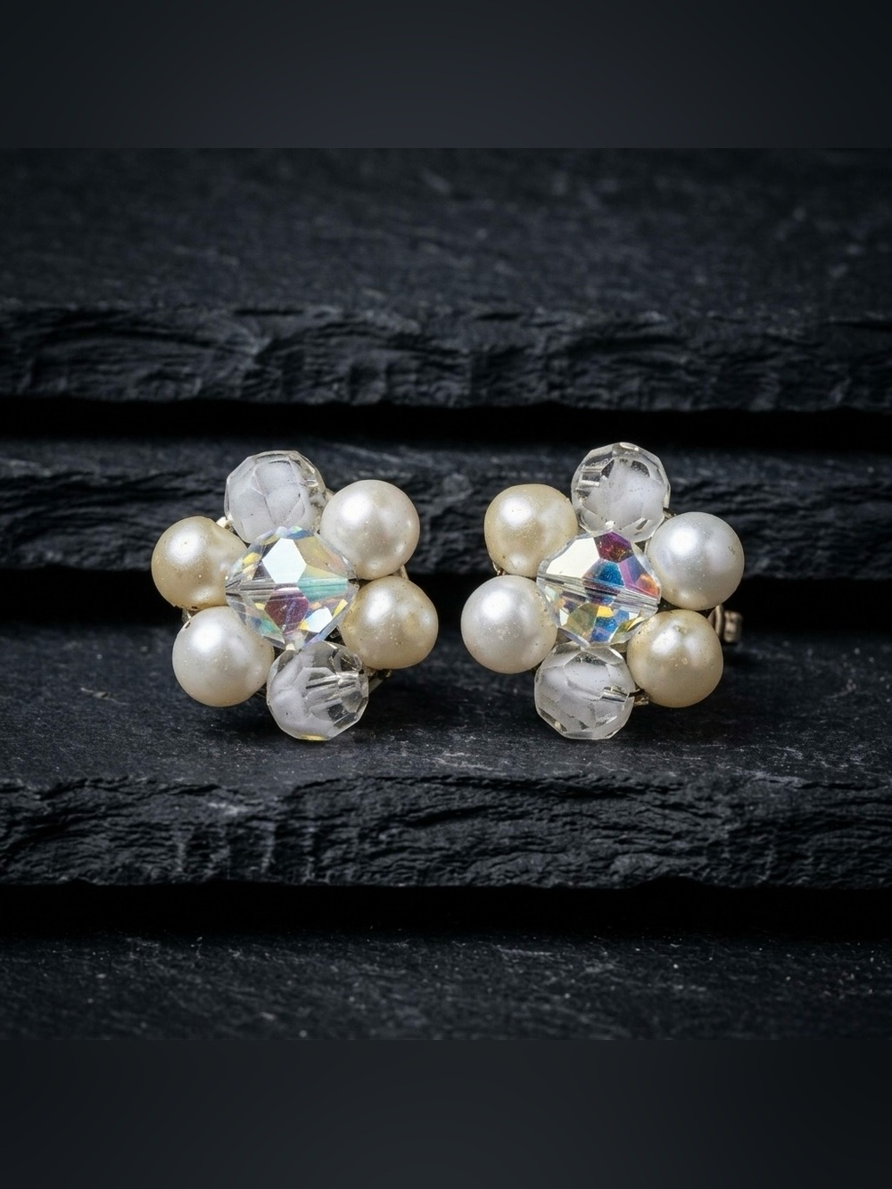 Vintage 60s Laguna Coquette Faux Pearl Aurora Borealis Flower Clip On Earrings
